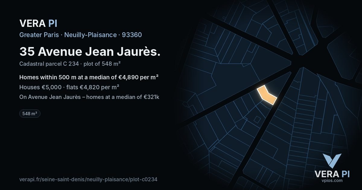 35 Avenue Jean Jaurès, Neuilly-Plaisance at night – the plot lit, the parcels around coloured by the prices near them