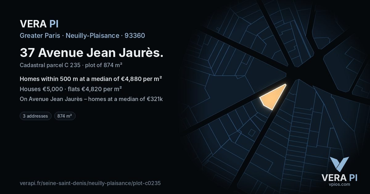 37 Avenue Jean Jaurès, Neuilly-Plaisance at night – the plot lit, the parcels around coloured by the prices near them