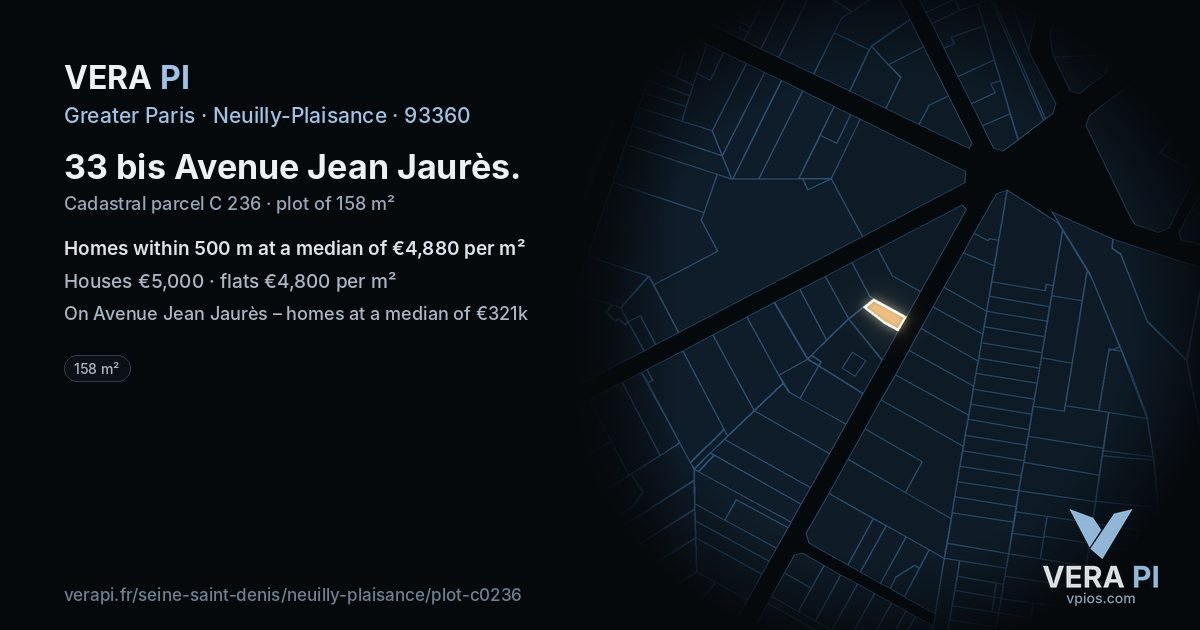 33 bis Avenue Jean Jaurès, Neuilly-Plaisance at night – the plot lit, the parcels around coloured by the prices near them