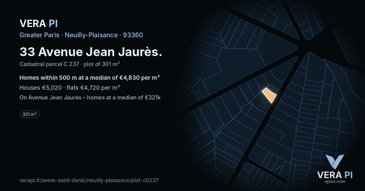 33 Avenue Jean Jaurès, Neuilly-Plaisance at night – the plot lit, the parcels around coloured by the prices near them