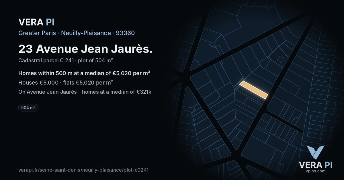 23 Avenue Jean Jaurès, Neuilly-Plaisance at night – the plot lit, the parcels around coloured by the prices near them