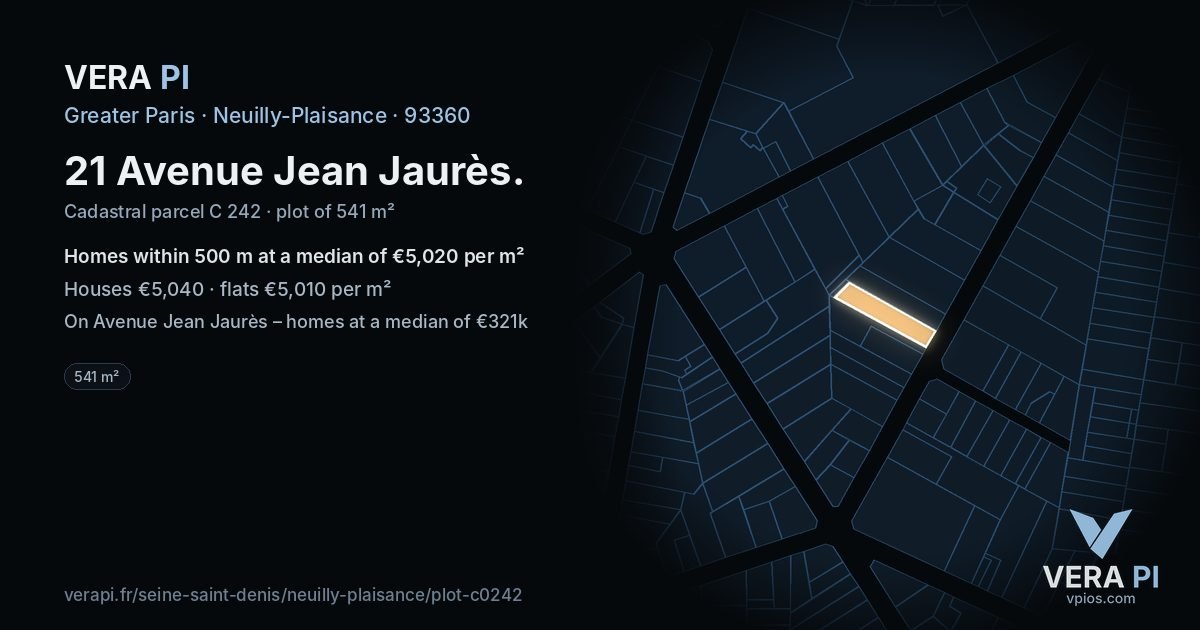 21 Avenue Jean Jaurès, Neuilly-Plaisance at night – the plot lit, the parcels around coloured by the prices near them