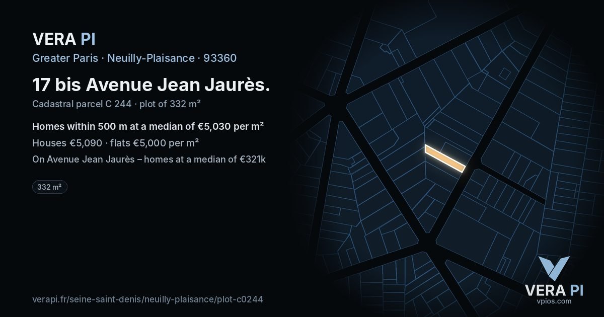 17 bis Avenue Jean Jaurès, Neuilly-Plaisance at night – the plot lit, the parcels around coloured by the prices near them