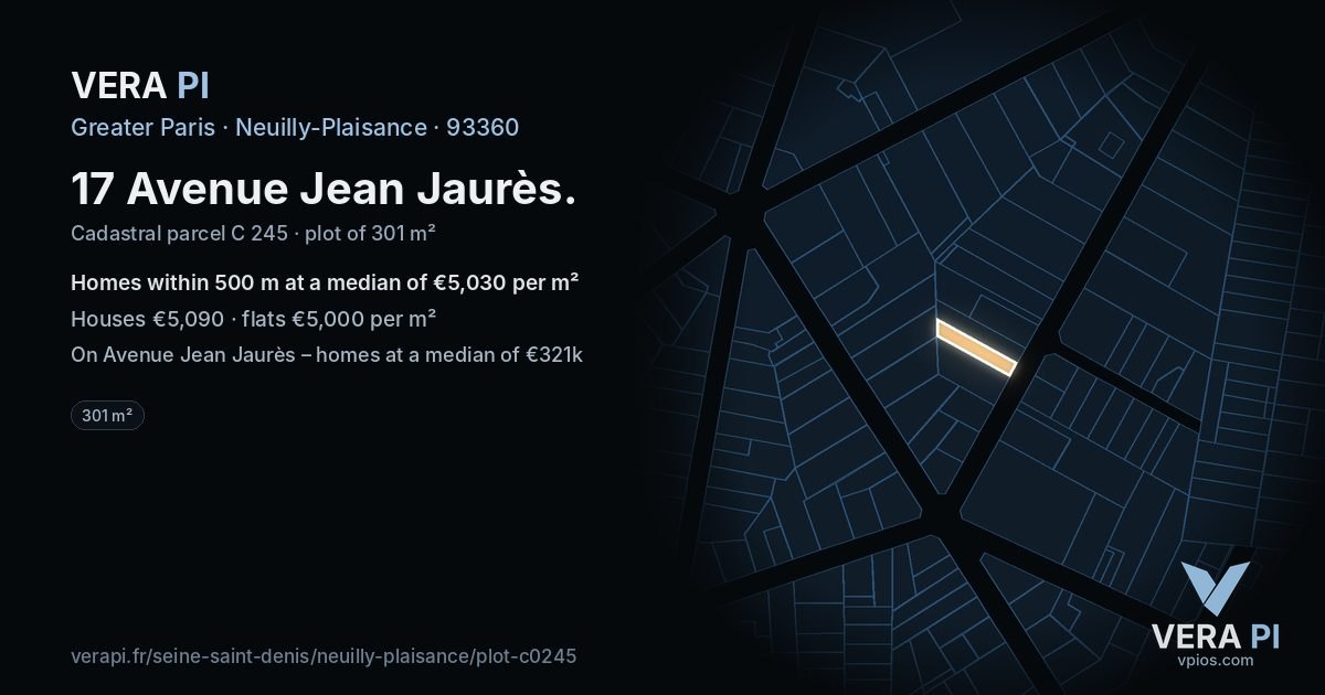 17 Avenue Jean Jaurès, Neuilly-Plaisance at night – the plot lit, the parcels around coloured by the prices near them