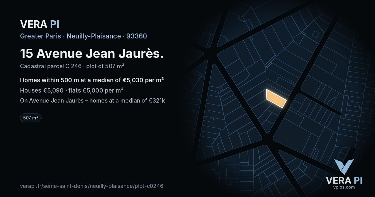 15 Avenue Jean Jaurès, Neuilly-Plaisance at night – the plot lit, the parcels around coloured by the prices near them