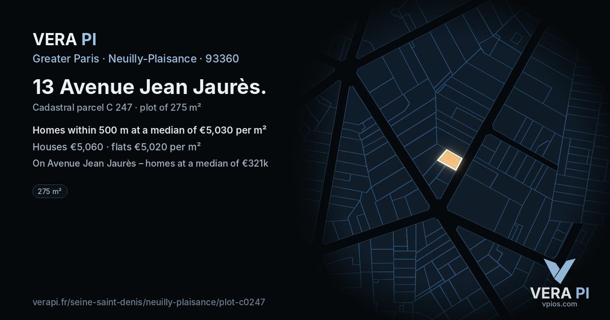 13 Avenue Jean Jaurès, Neuilly-Plaisance at night – the plot lit, the parcels around coloured by the prices near them