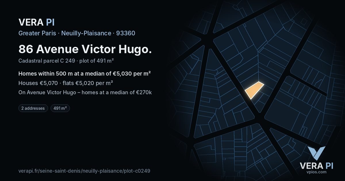 86 Avenue Victor Hugo, Neuilly-Plaisance at night – the plot lit, the parcels around coloured by the prices near them
