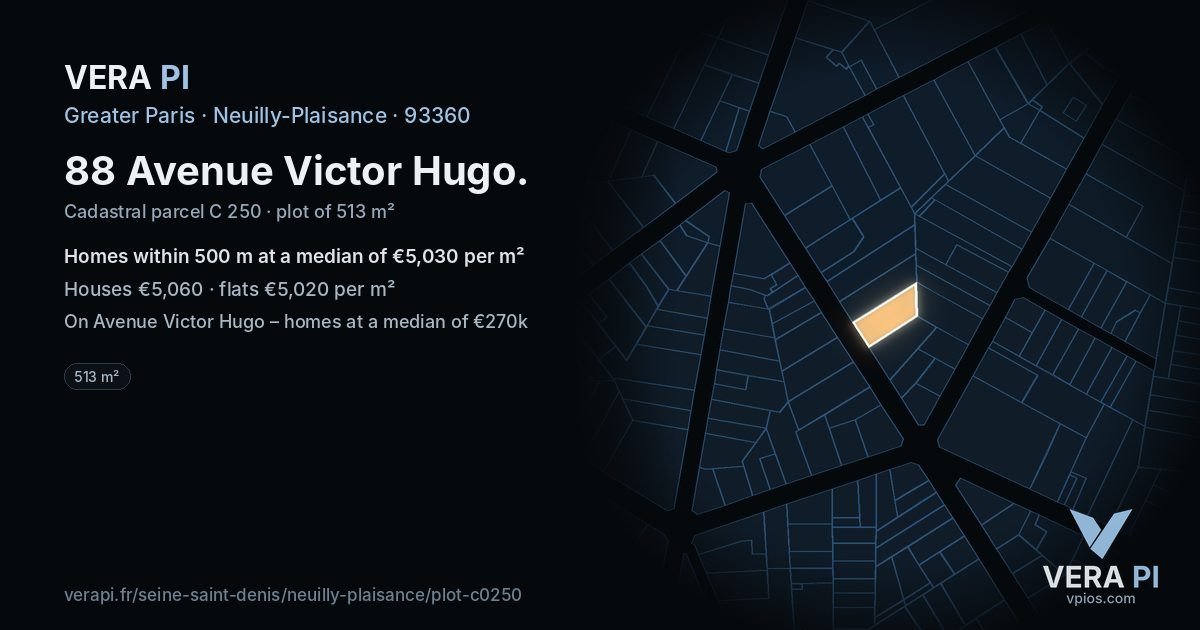 88 Avenue Victor Hugo, Neuilly-Plaisance at night – the plot lit, the parcels around coloured by the prices near them