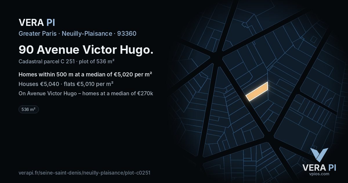 90 Avenue Victor Hugo, Neuilly-Plaisance at night – the plot lit, the parcels around coloured by the prices near them