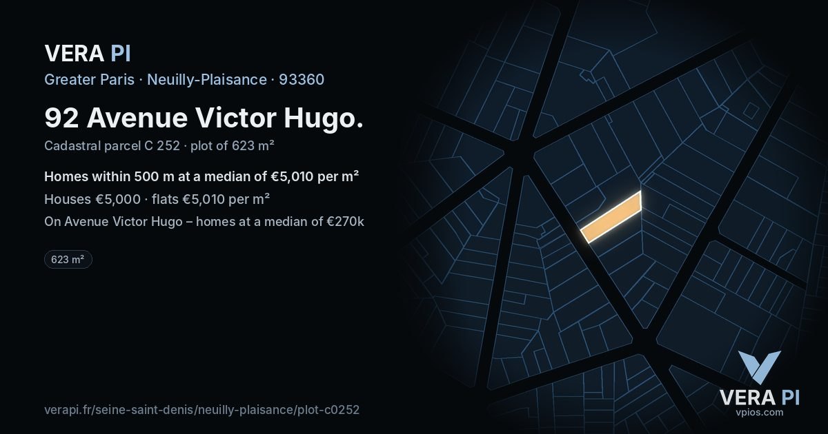 92 Avenue Victor Hugo, Neuilly-Plaisance at night – the plot lit, the parcels around coloured by the prices near them