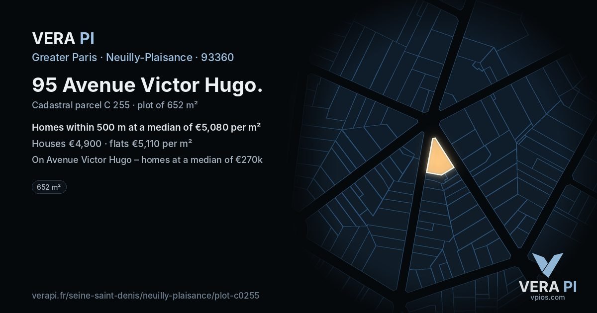 95 Avenue Victor Hugo, Neuilly-Plaisance at night – the plot lit, the parcels around coloured by the prices near them