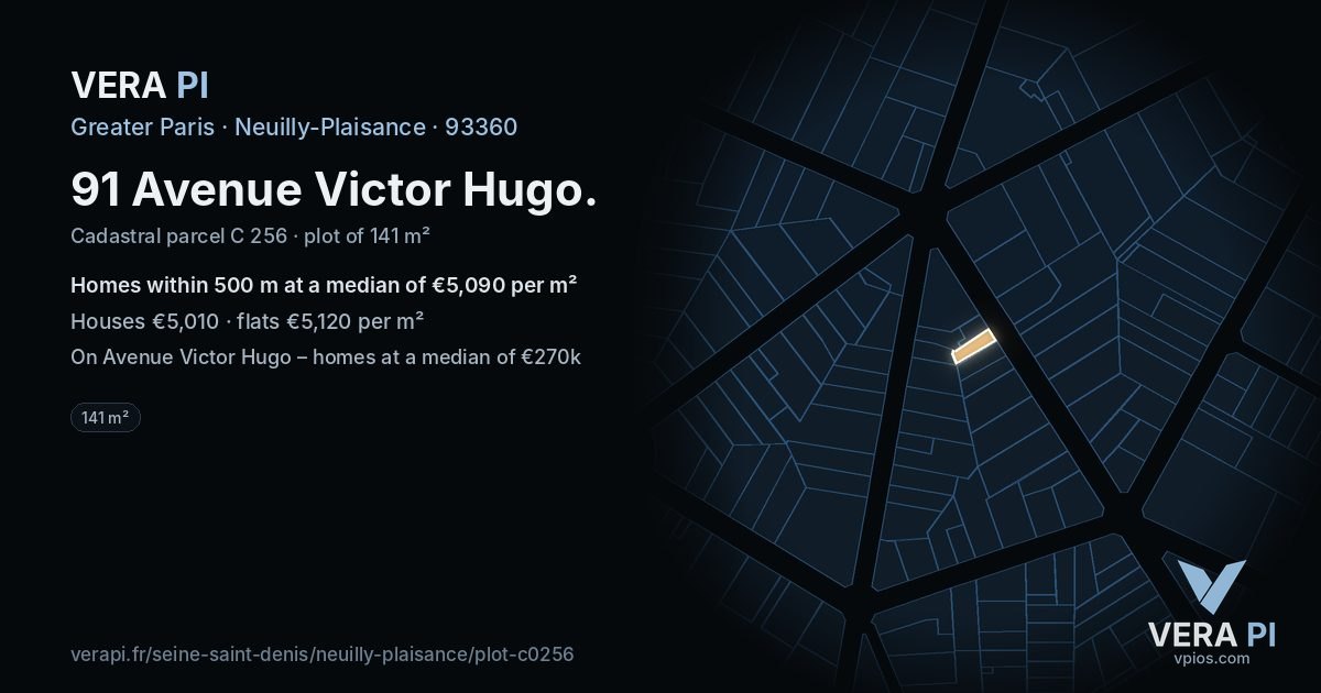 91 Avenue Victor Hugo, Neuilly-Plaisance at night – the plot lit, the parcels around coloured by the prices near them