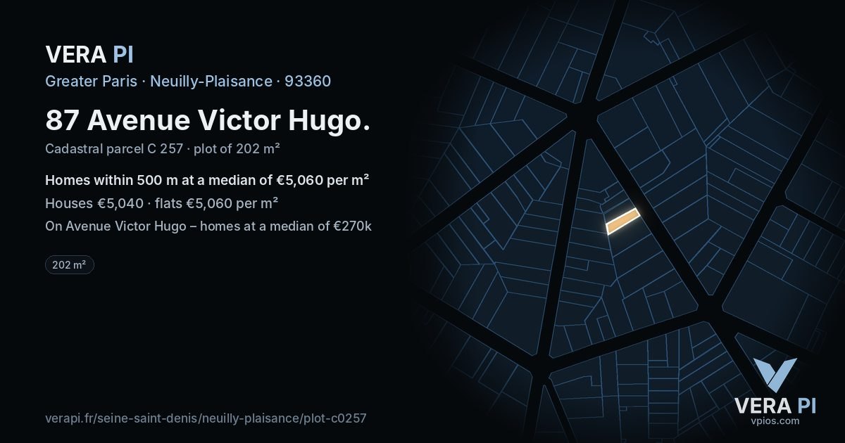 87 Avenue Victor Hugo, Neuilly-Plaisance at night – the plot lit, the parcels around coloured by the prices near them