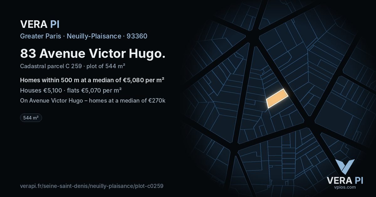 83 Avenue Victor Hugo, Neuilly-Plaisance at night – the plot lit, the parcels around coloured by the prices near them