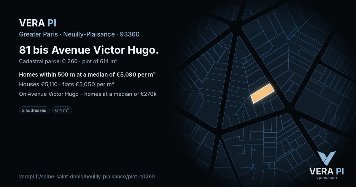 81 bis Avenue Victor Hugo, Neuilly-Plaisance at night – the plot lit, the parcels around coloured by the prices near them