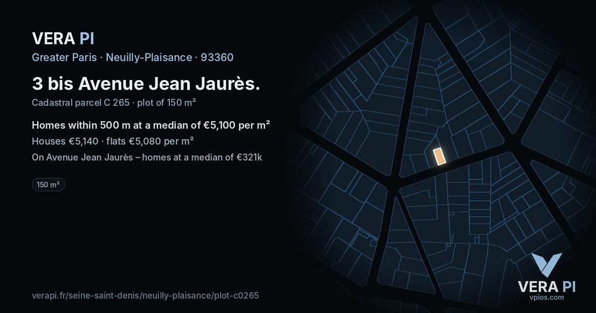 3 bis Avenue Jean Jaurès, Neuilly-Plaisance at night – the plot lit, the parcels around coloured by the prices near them