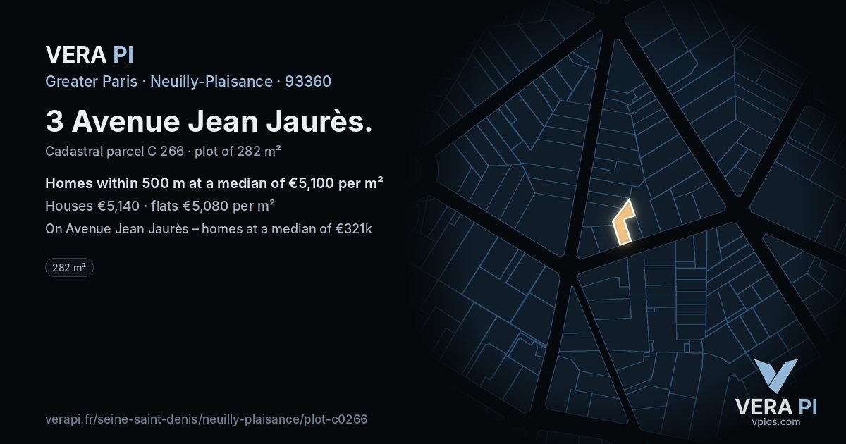 3 Avenue Jean Jaurès, Neuilly-Plaisance at night – the plot lit, the parcels around coloured by the prices near them