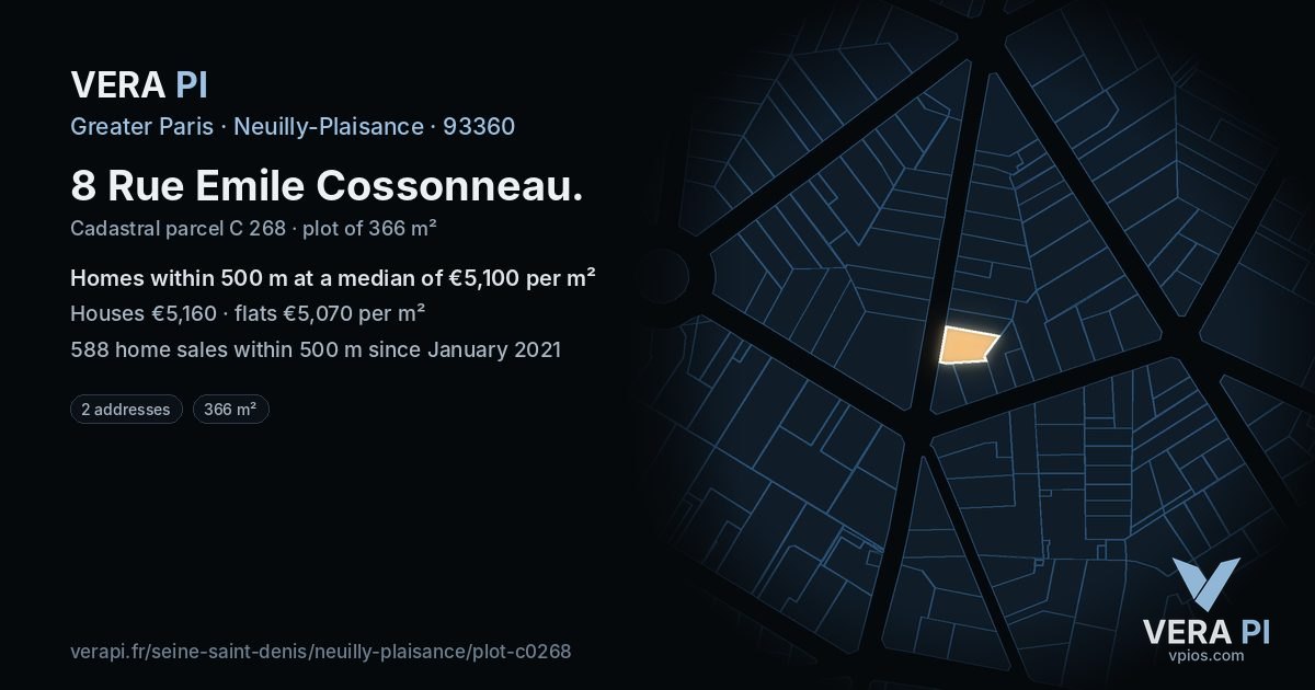 8 Rue Emile Cossonneau, Neuilly-Plaisance at night – the plot lit, the parcels around coloured by the prices near them