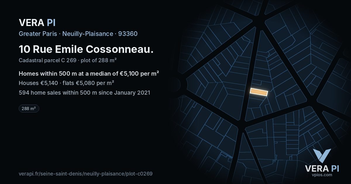 10 Rue Emile Cossonneau, Neuilly-Plaisance at night – the plot lit, the parcels around coloured by the prices near them