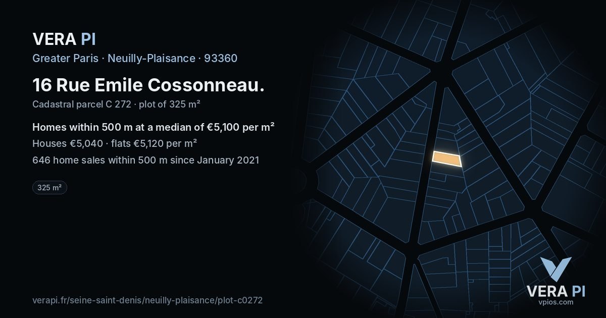 16 Rue Emile Cossonneau, Neuilly-Plaisance at night – the plot lit, the parcels around coloured by the prices near them