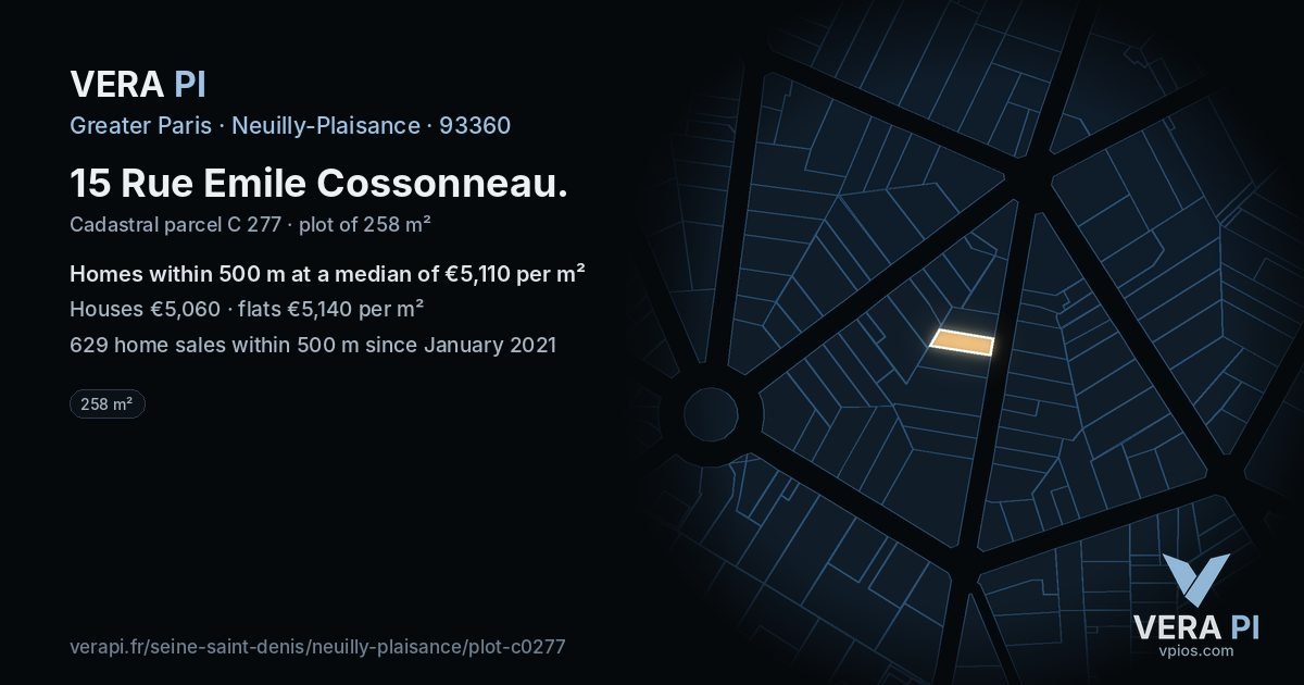 15 Rue Emile Cossonneau, Neuilly-Plaisance at night – the plot lit, the parcels around coloured by the prices near them
