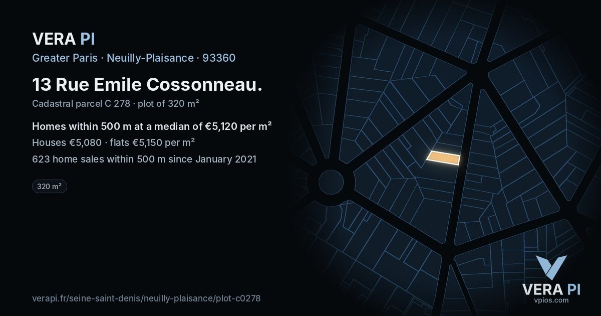 13 Rue Emile Cossonneau, Neuilly-Plaisance at night – the plot lit, the parcels around coloured by the prices near them