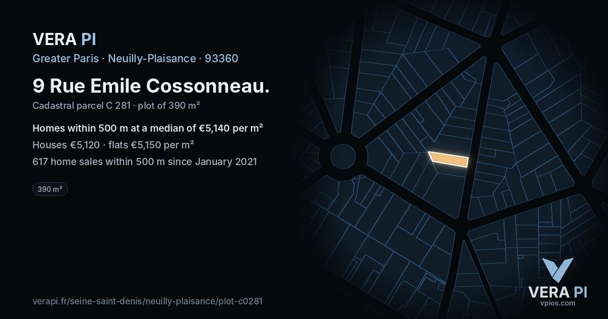 9 Rue Emile Cossonneau, Neuilly-Plaisance at night – the plot lit, the parcels around coloured by the prices near them
