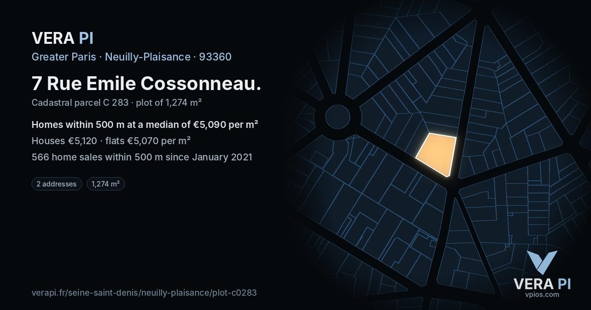 7 Rue Emile Cossonneau, Neuilly-Plaisance at night – the plot lit, the parcels around coloured by the prices near them