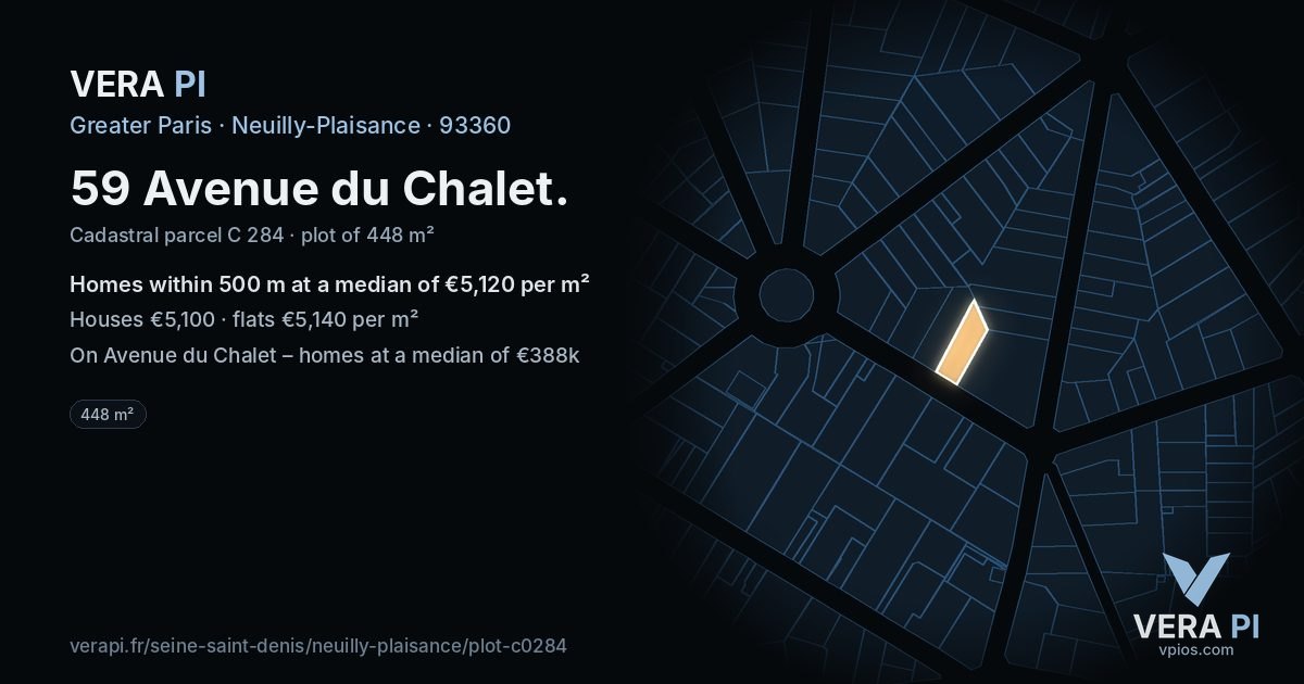 59 Avenue du Chalet, Neuilly-Plaisance at night – the plot lit, the parcels around coloured by the prices near them
