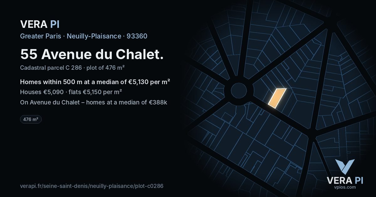 55 Avenue du Chalet, Neuilly-Plaisance at night – the plot lit, the parcels around coloured by the prices near them