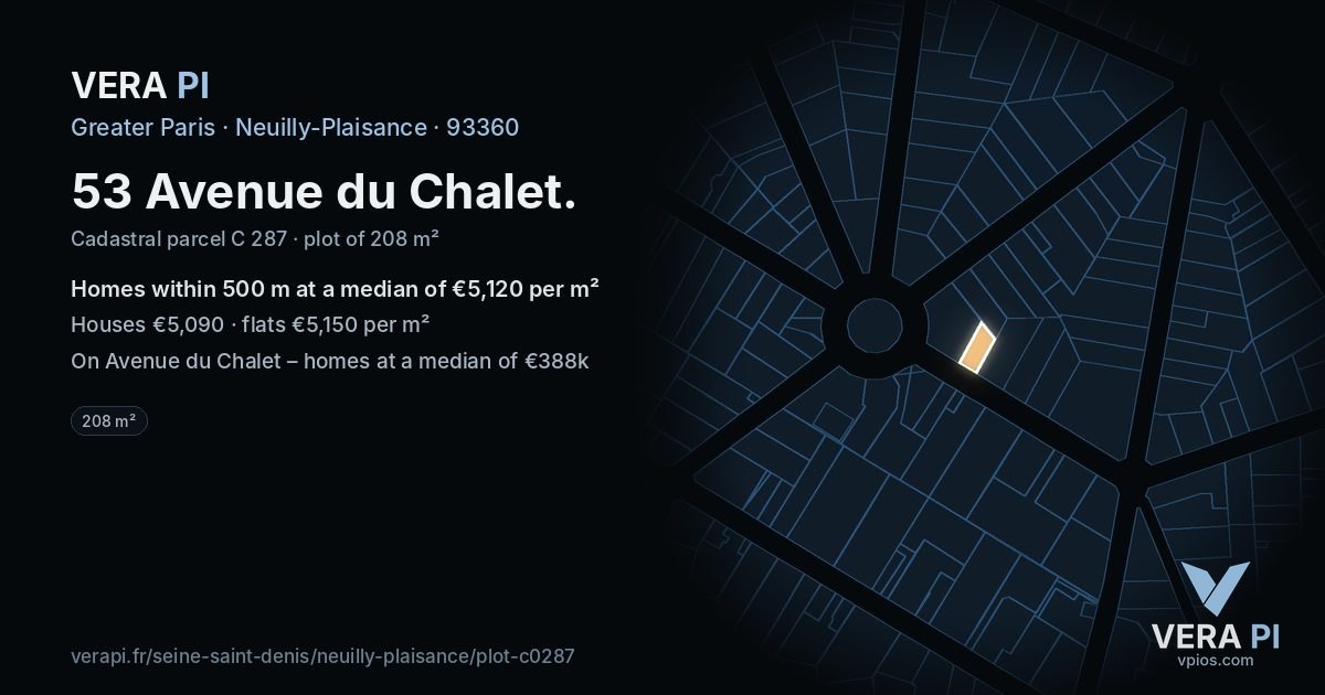53 Avenue du Chalet, Neuilly-Plaisance at night – the plot lit, the parcels around coloured by the prices near them