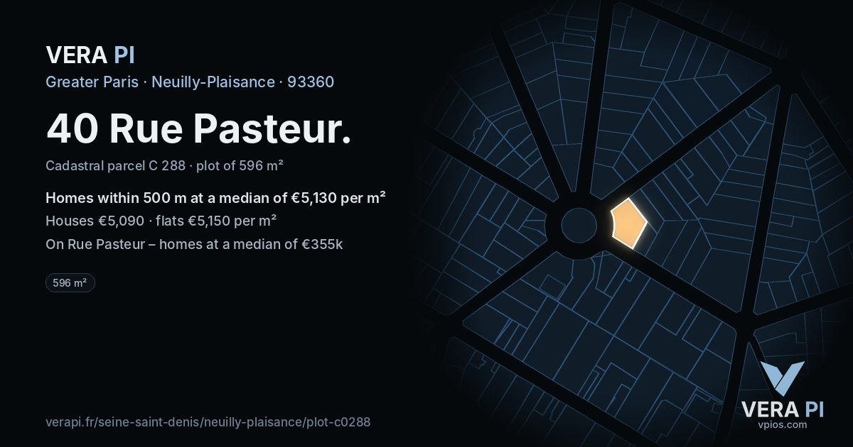 40 Rue Pasteur, Neuilly-Plaisance at night – the plot lit, the parcels around coloured by the prices near them