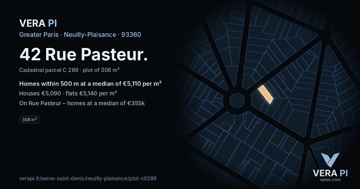 42 Rue Pasteur, Neuilly-Plaisance at night – the plot lit, the parcels around coloured by the prices near them