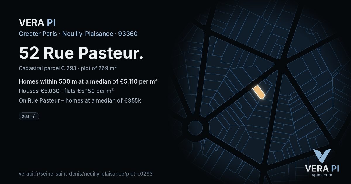 52 Rue Pasteur, Neuilly-Plaisance at night – the plot lit, the parcels around coloured by the prices near them
