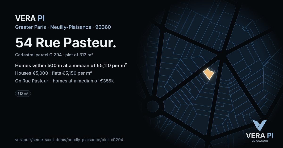 54 Rue Pasteur, Neuilly-Plaisance at night – the plot lit, the parcels around coloured by the prices near them