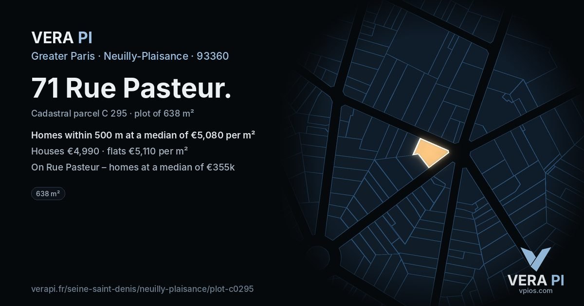 71 Rue Pasteur, Neuilly-Plaisance at night – the plot lit, the parcels around coloured by the prices near them