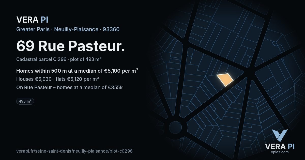 69 Rue Pasteur, Neuilly-Plaisance at night – the plot lit, the parcels around coloured by the prices near them