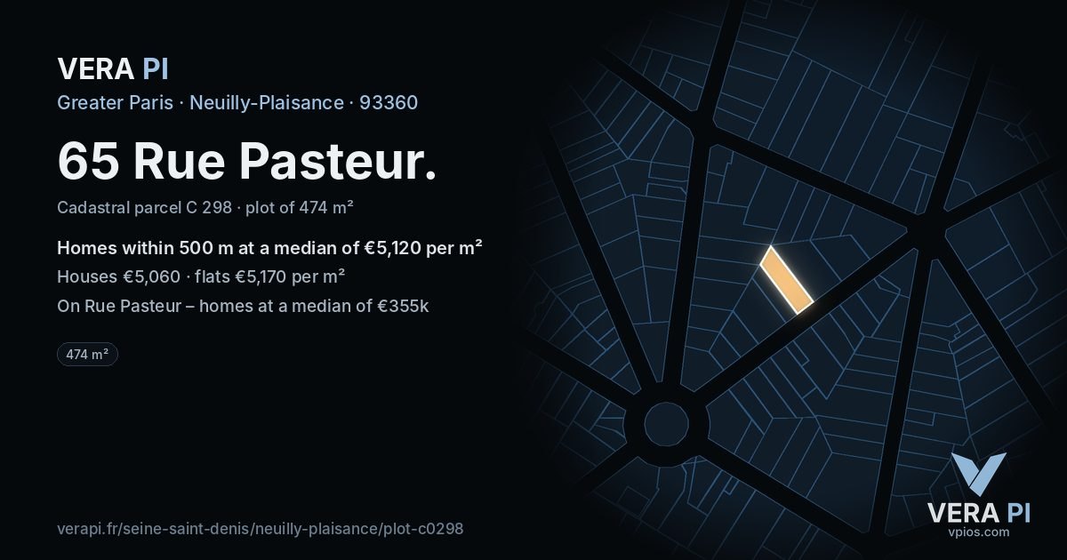 65 Rue Pasteur, Neuilly-Plaisance at night – the plot lit, the parcels around coloured by the prices near them