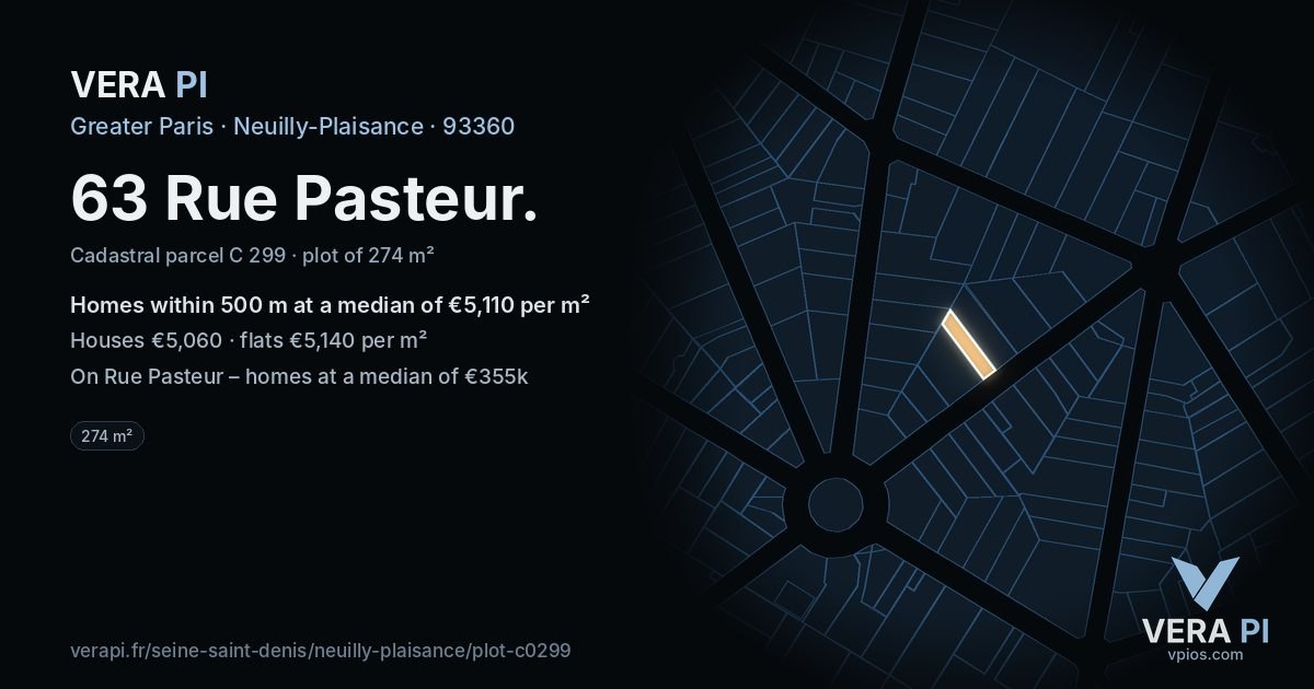 63 Rue Pasteur, Neuilly-Plaisance at night – the plot lit, the parcels around coloured by the prices near them