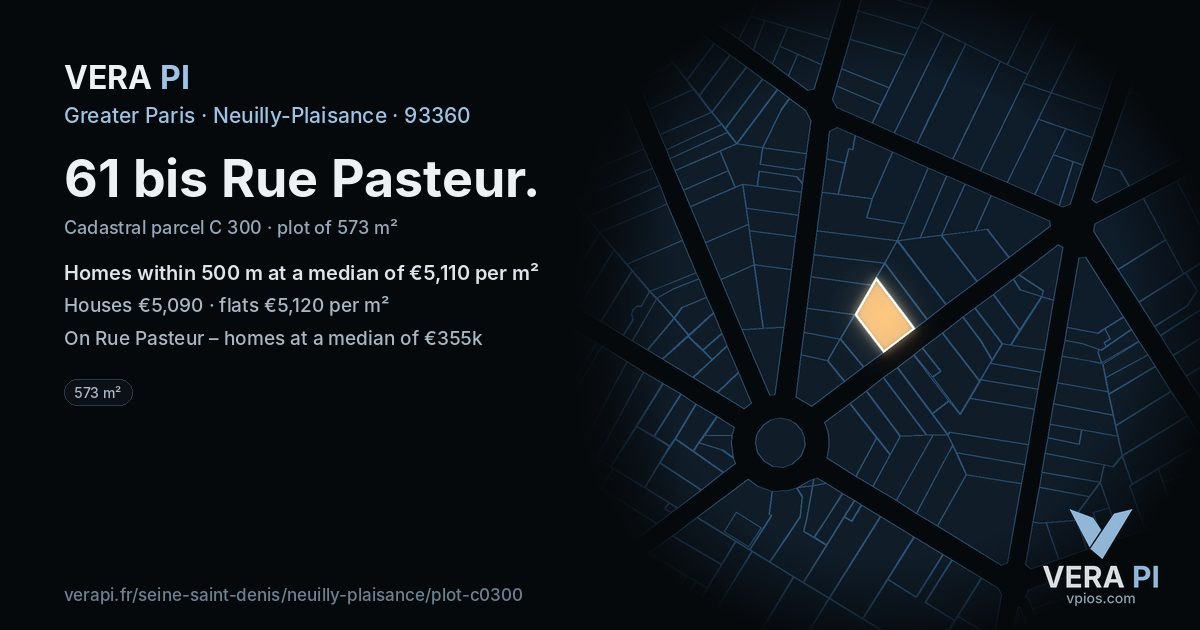 61 bis Rue Pasteur, Neuilly-Plaisance at night – the plot lit, the parcels around coloured by the prices near them