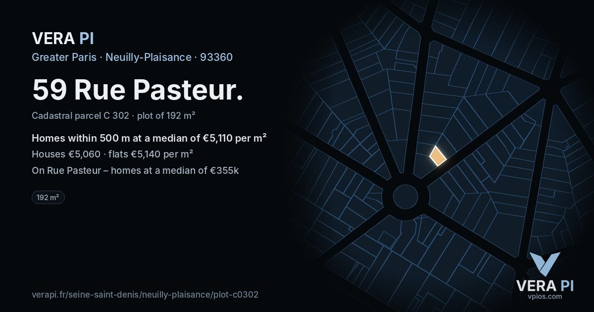 59 Rue Pasteur, Neuilly-Plaisance at night – the plot lit, the parcels around coloured by the prices near them
