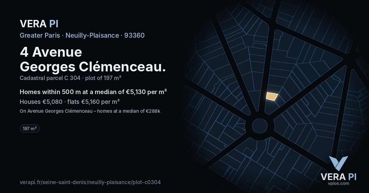4 Avenue Georges Clémenceau, Neuilly-Plaisance at night – the plot lit, the parcels around coloured by the prices near them