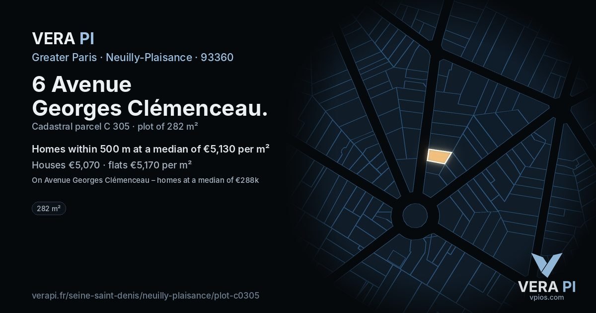 6 Avenue Georges Clémenceau, Neuilly-Plaisance at night – the plot lit, the parcels around coloured by the prices near them