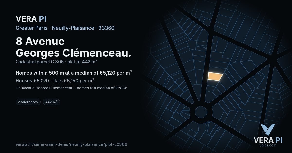 8 Avenue Georges Clémenceau, Neuilly-Plaisance at night – the plot lit, the parcels around coloured by the prices near them