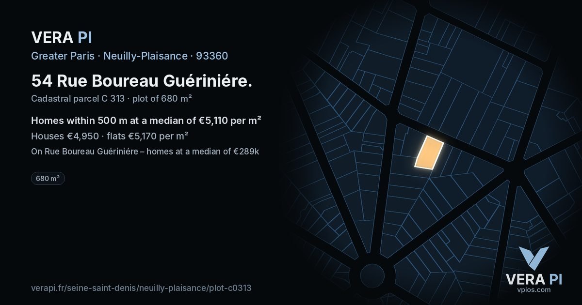 54 Rue Boureau Guériniére, Neuilly-Plaisance at night – the plot lit, the parcels around coloured by the prices near them