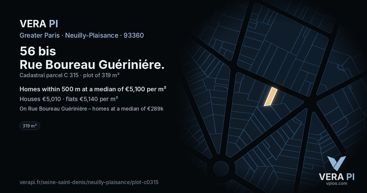 56 bis Rue Boureau Guériniére, Neuilly-Plaisance at night – the plot lit, the parcels around coloured by the prices near them
