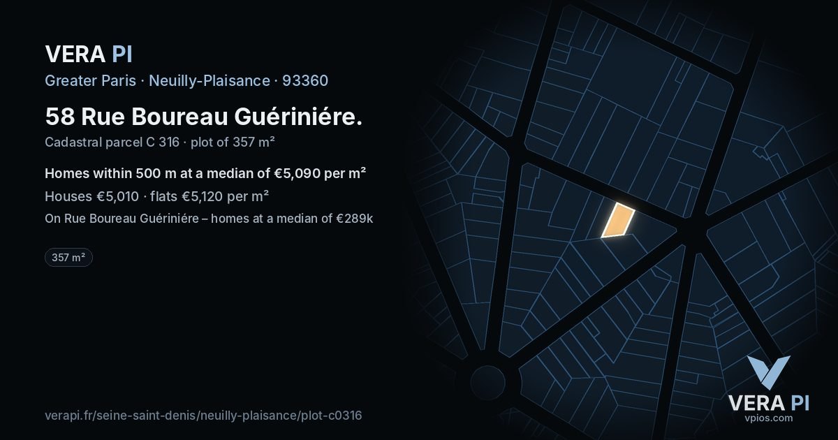 58 Rue Boureau Guériniére, Neuilly-Plaisance at night – the plot lit, the parcels around coloured by the prices near them