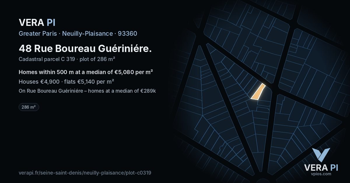 48 Rue Boureau Guériniére, Neuilly-Plaisance at night – the plot lit, the parcels around coloured by the prices near them