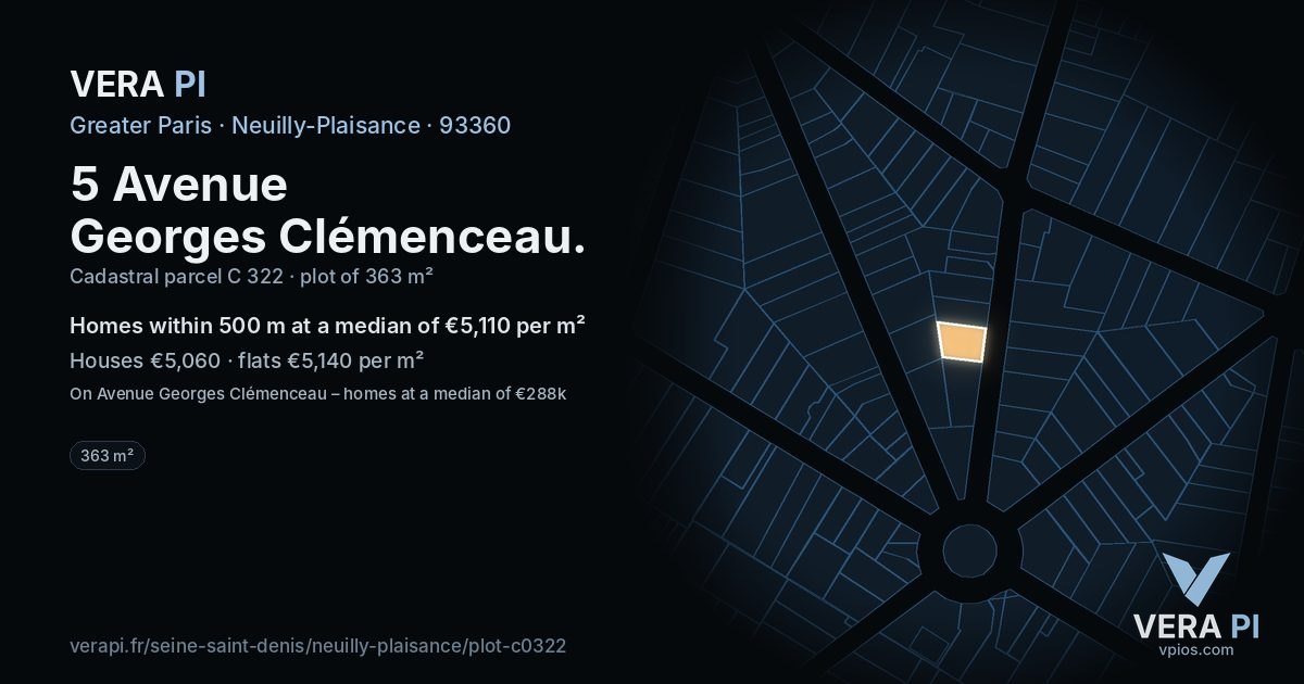 5 Avenue Georges Clémenceau, Neuilly-Plaisance at night – the plot lit, the parcels around coloured by the prices near them