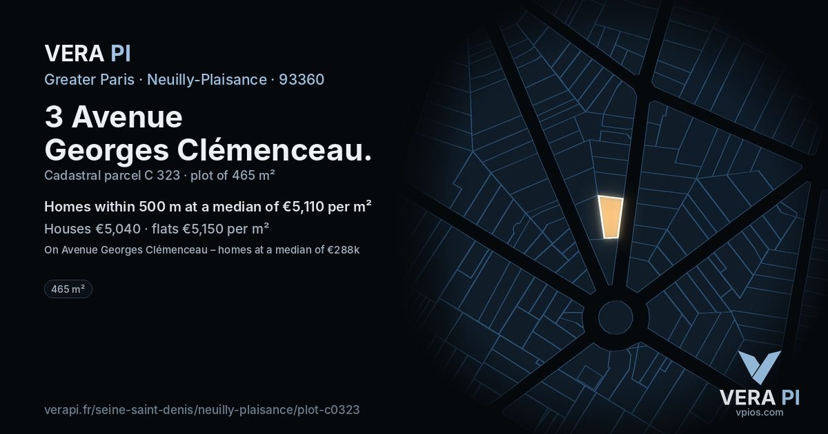 3 Avenue Georges Clémenceau, Neuilly-Plaisance at night – the plot lit, the parcels around coloured by the prices near them